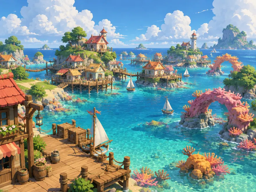 Kepulauan Coralreach Isles: pulau hijau kecil di air biru toska, rumah panggung warna pastel, dan lengkung karang merah muda yang muncul dari air dangkal.