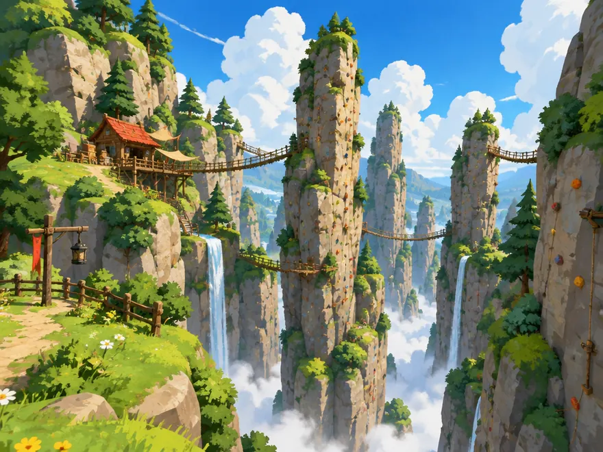 Spirespine Crags: menara batu ramping yang menjulang dari ngarai hijau, jembatan tali di antaranya, pondok pendaki di tepian, dan air terjun tipis.