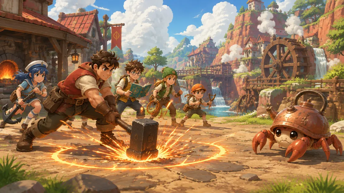 Party Abernathy bertarung di halaman bengkel Ironsong Vale melawan Kettlecrab.